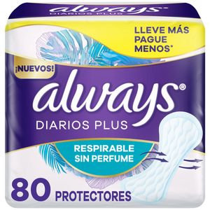 Protectores diarios diarios plus respirable sin perfume (80 Unidades)